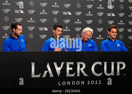 Team Europe's Andy Murray, Novak Djokovic, captain Bjorn Borg and Roger Federer (left-right) during a press conference ahead of the Laver Cup at the O2 Arena, London. Picture date: Thursday September 22, 2022. Stock Photo