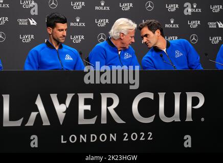 Team Europe's Novak Djokovic, captain Bjorn Borg and Roger Federer (left-right) during a press conference ahead of the Laver Cup at the O2 Arena, London. Picture date: Thursday September 22, 2022. Stock Photo
