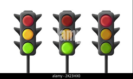 Traffic lights with all three colors on one by one, 3d vectorillustrations Stock Vector