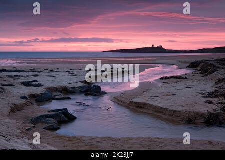 Pink sunrise over the beach at Embleton Bay on the Northumberland Coast of England, with Dunstanburgh Castle as a back drop Stock Photo