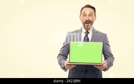 amazed businessman presenting product. presentation on computer. video conference. Stock Photo