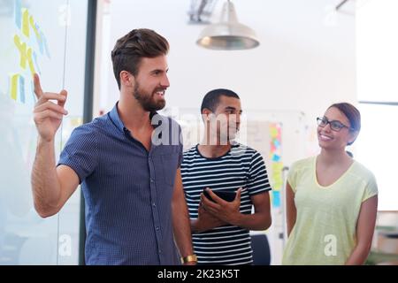Everything begins with an idea. a group of colleagues discussing ideas together on sticky notes. Stock Photo