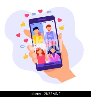 A hand is holding a smartphone, with friends chatting on the screen. Vector Stock Vector