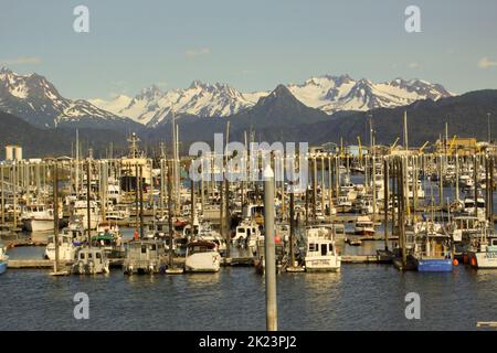 Marina and fishing port Photographed near Homer, Alaska. Homer is a city in Kenai Peninsula Borough in the U.S. state of Alaska. It is 218 mi (351 km) Stock Photo