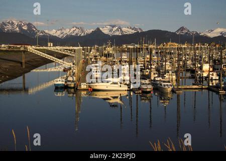 Marina and fishing port Photographed near Homer, Alaska. Homer is a city in Kenai Peninsula Borough in the U.S. state of Alaska. It is 218 mi (351 km) Stock Photo