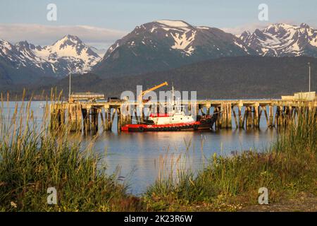 Marina and fishing port Photographed near Homer, Alaska. Homer is a city in Kenai Peninsula Borough in the U.S. state of Alaska. It is 218 mi (351 km) Stock Photo