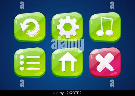 Set of game buttons, icons fantasy in funny cartoon style isolated on white background. Game menu, interface design. ui asset. Vector illustration Stock Vector