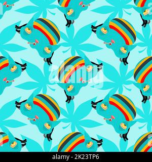 Stoned rasta cat pattern seamless. trippy pet. background Cat addict with red eyes texture. Stock Vector