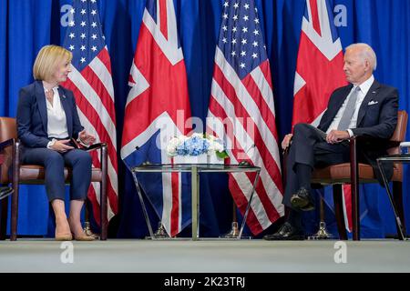 New York City, United States. 21st Sep, 2022. U.S. President Joe Biden during a bilateral meeting with the new British Prime Minister Liz Truss, left, on the sidelines of the 77th Session of the U.N General Assembly, September 21, 2022, in New York City. Credit: Adam Schultz/White House Photo/Alamy Live News Stock Photo