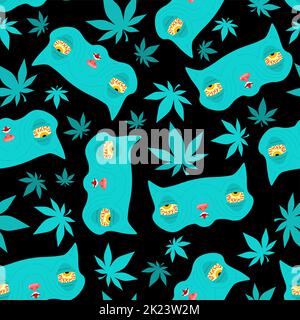 Stoned rasta cat pattern seamless. trippy pet. background Cat addict with red eyes texture. Stock Vector