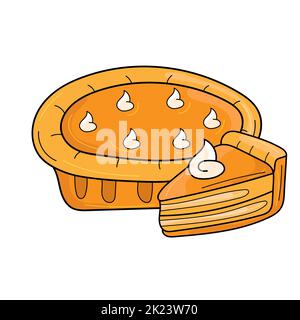 Traditional american homemade pumpkin pie and whipped cream, vector illustration isolated on white background. Cartoon image Stock Vector