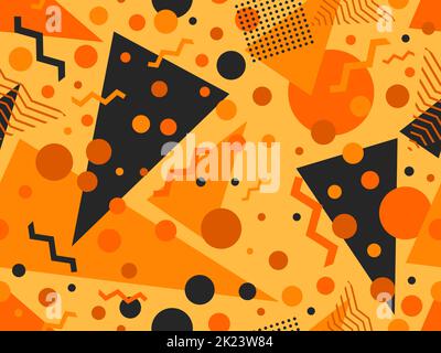 Memphis seamless pattern with geometric shapes in 80s style. Halloween color palette orange and black. Design for promotional products, wrapping paper Stock Vector