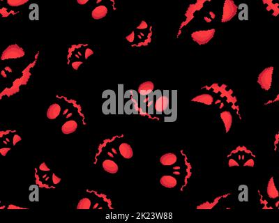 Halloween scary face with glowing eyes in pixel style. Seamless pattern with scary faces carved on a pumpkin in 8-bit 80-90s video game style. Design Stock Vector