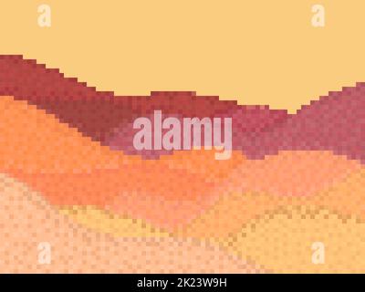 Pixel desert landscape with sand dunes. Landscape with dunes and hills in retro style of a 90s 8-bit video game in 2D. Pixel design for games, applica Stock Vector