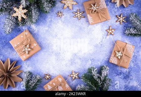Christmas gift boxes on blue background Stock Photo