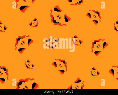 Halloween scary face with glowing eyes in pixel style. Seamless pattern with scary faces carved on a pumpkin in 8-bit 80-90s video game style. Design Stock Vector