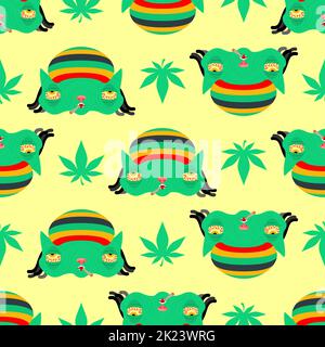 Stoned rasta cat pattern seamless. trippy pet. background Cat addict with red eyes texture. Stock Vector