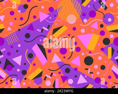 Memphis seamless pattern with geometric shapes in 80s style. Halloween color palette orange and purple. Design for promotional products, wrapping pape Stock Vector