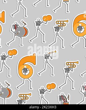 Skeleton music band pattern seamless. Skeletons musicians orchestra background. Vector texture Stock Vector