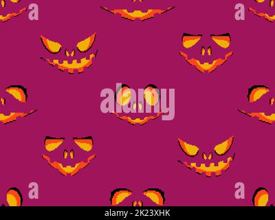 Halloween scary face with glowing eyes in pixel style. Seamless pattern with scary faces carved on a pumpkin in 8-bit 80-90s video game style. Design Stock Vector