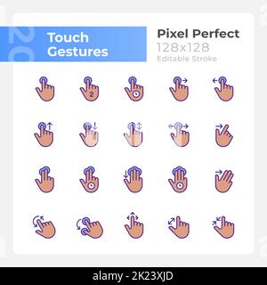 Touch control gestures pixel perfect RGB color icons set Stock Vector