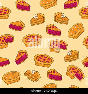 Vector seamless pattern background with pies for food design. Berry and pumpkin pie. Endless texture on light yellow background Stock Vector