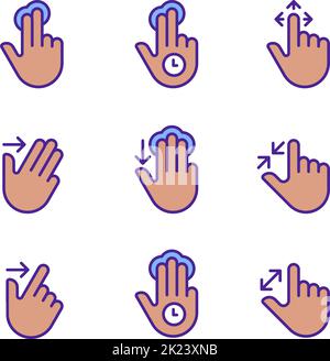 Multiple fingers gestures pixel perfect RGB color icons set Stock Vector