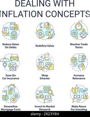 Dealing with inflation concept icons set Stock Vector