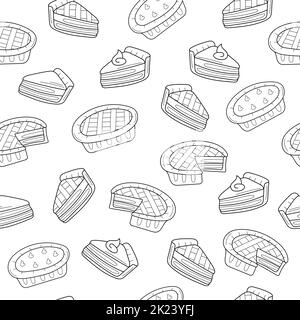 Pie seamless pattern doodle outline vector. Texture for background, menu, fabric, wrapping. Outline drawings on white Stock Vector