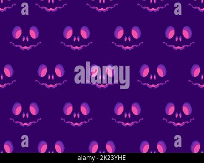 Halloween scary face with glowing eyes in pixel style. Seamless pattern with scary faces carved on a pumpkin in 8-bit 80-90s video game style. Design Stock Vector