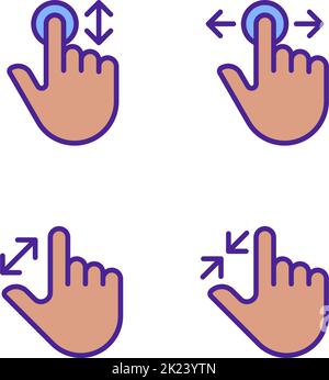 Scrolling and magnifying gestures pixel perfect RGB color icons set Stock Vector