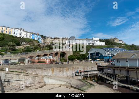 Ventnor on the Isle of Wight in England, showing the fishery and buildings along the hill overlooking the harbour. Stock Photo