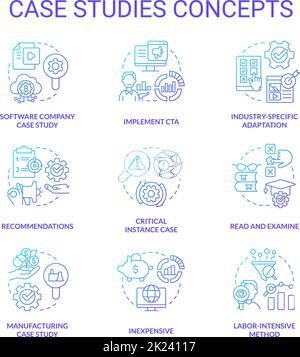 Case studies blue gradient concept icons set Stock Vector