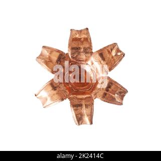 Hollow point bullet made out of copper expanded and isolated on a white background Stock Photo