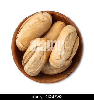 Whole grain french bread, salt bread or pistolet in a bowl isolated over white background. Stock Photo