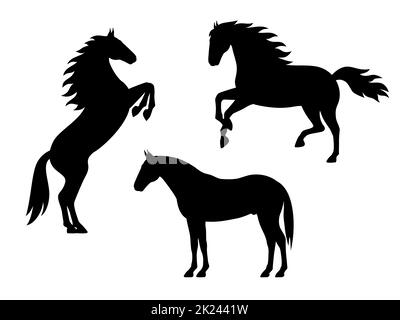 Set of silhouette horses. Vector illustration of black horse silhouette set isolated on white. Logo icon, side view. Stock Vector