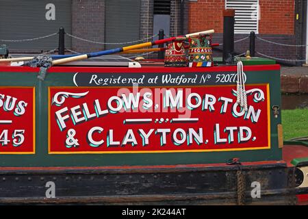 Pegasus, No 245, Fellows Morton & Clayton Ltd, canal barge, registered at Watford, No 52071, at Ellesmere Port, Cheshire, Bridgewater Canal Stock Photo