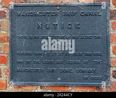 Cast iron black MSC, Manchester Ship canal Notice, there is no public right of way, persons using it do so at their own risk, By Order Stock Photo