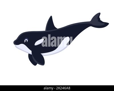 Swimming cartoon killer whale. Vector illustration swimming cute cartoon whale orca isolated on white. Flat design. Stock Vector