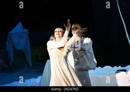 Orenburg, Russia - October 12, 2019: Aerialists perform their number at the circus arena Stock Photo