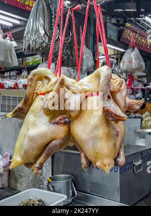 Disgusting unfamiliar Thai food and Chinese cuisine in street food market in China Town Bangkok Thailand. Stock Photo