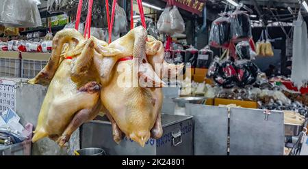 Disgusting unfamiliar Thai food and Chinese cuisine in street food market in China Town Bangkok Thailand. Stock Photo