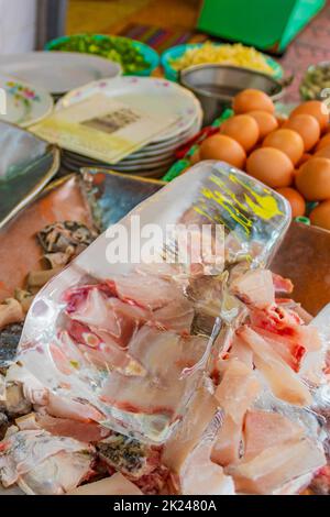 Disgusting unfamiliar Thai food and Chinese cuisine in street food market in China Town Bangkok Thailand. Stock Photo