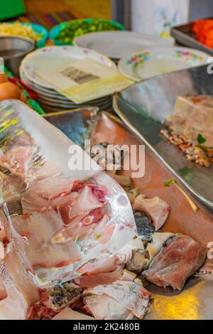 Disgusting unfamiliar Thai food and Chinese cuisine in street food market in China Town Bangkok Thailand. Stock Photo