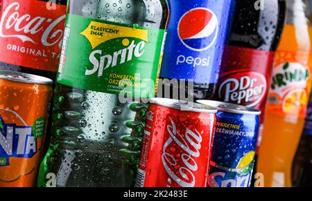 POZNAN, POLAND - OCT 28, 2021: Bottles of global soft drink brands ...