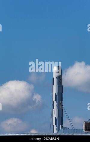 Exhaust pipe system against blue sky. Pire is not in function. Stock Photo