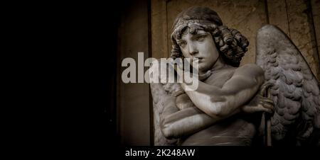 GENOA, ITALY - CIRCA AUGUST 2020: Angel sculpture by Giulio Monteverde for the Oneto family monument in Staglieno Cemetery, Genoa - Italy (1882) Stock Photo