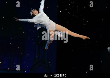 Orenburg, Russia - October 12, 2019: Aerialists perform their number at the circus arena Stock Photo