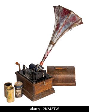 High angle cut out of 1911 Edison Fireside old phonograph with three cylinder records, including clipping path, isolated on white Stock Photo