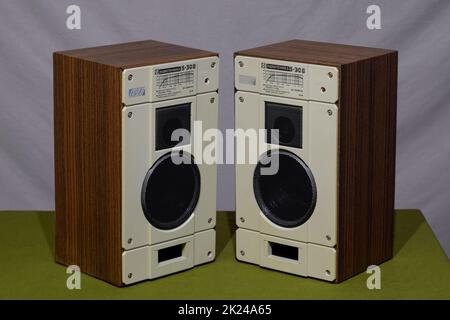 Vintage shelf columns from the Soviet Union. Acoustics for high-quality listening to music. Vintage speakers Radiotehnika s30 Stock Photo